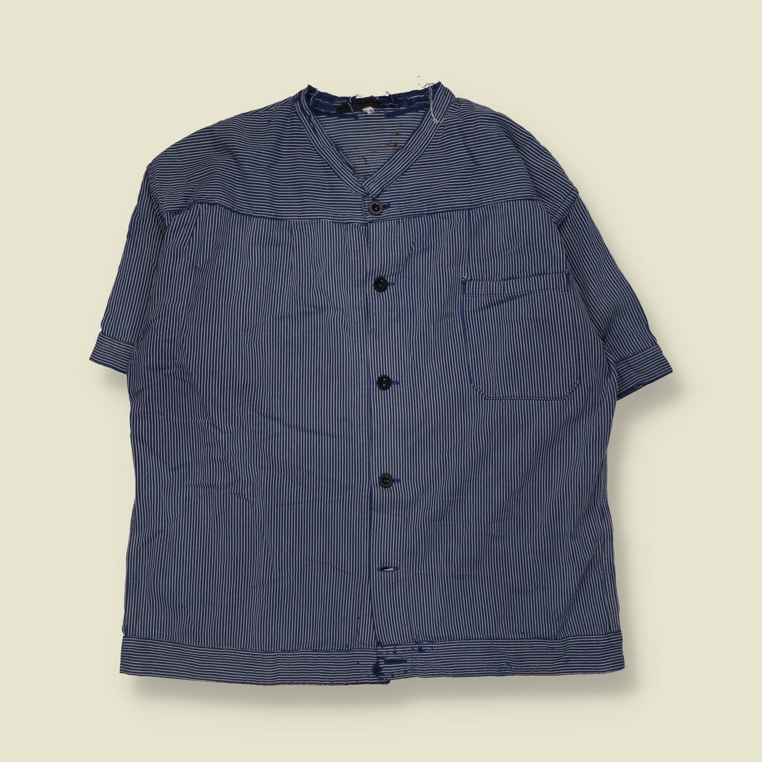 1970s | Striped Cotton Farmer Shirt | Blue & White - 4XL