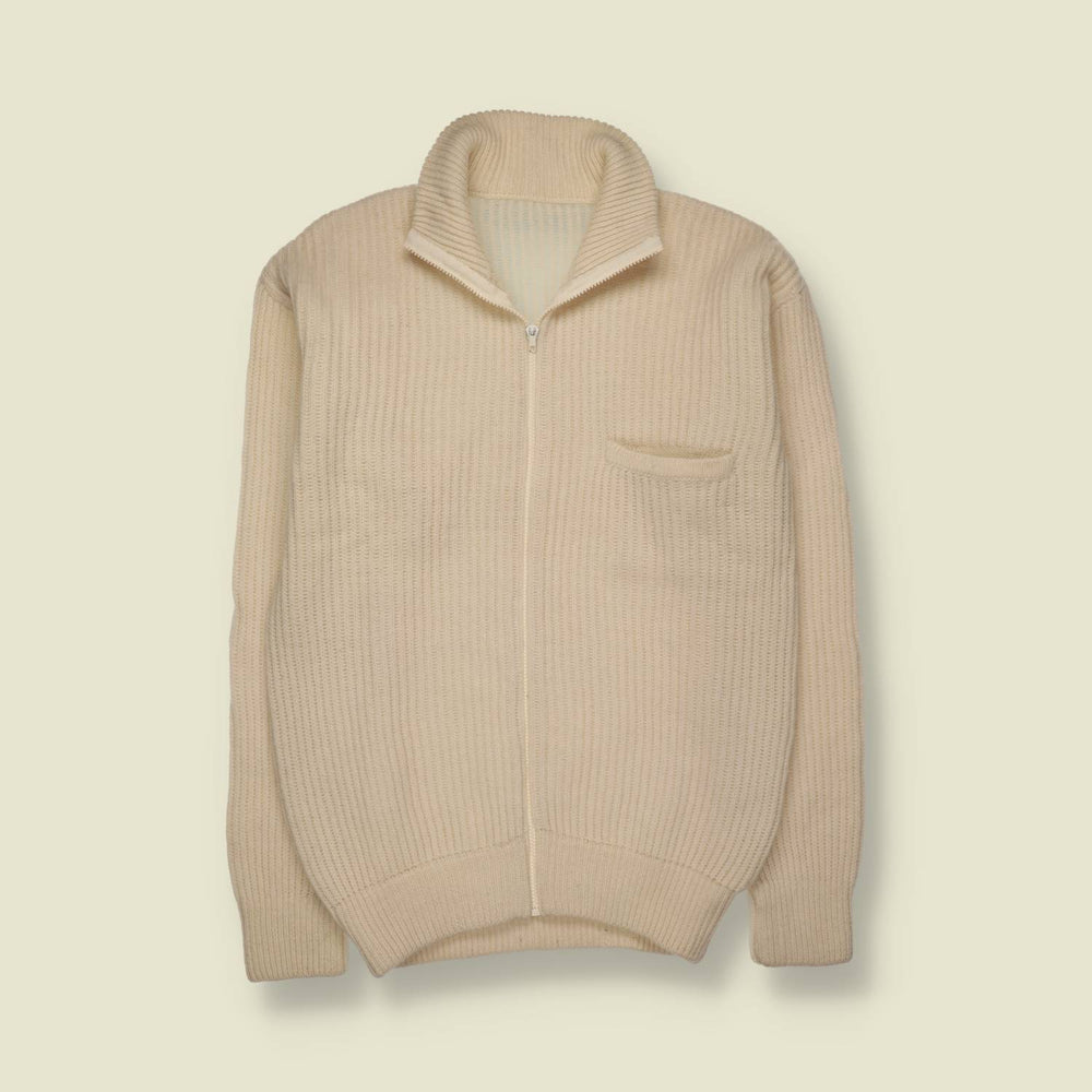 1970s | Zip-Through Ribbed Knit Jacket | Cream - S