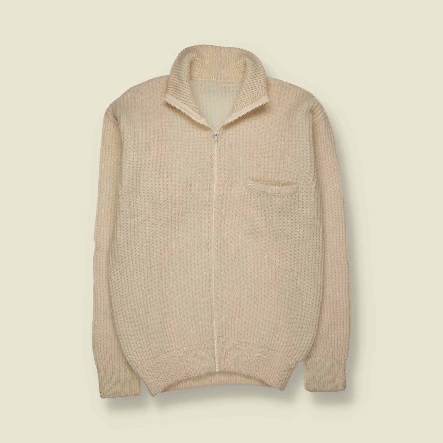 1970s | Zip-Through Ribbed Knit Jacket | Cream - S
