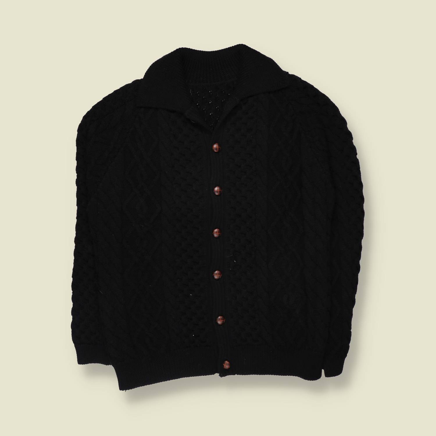 1970s | Cable Knit Wool Cardigan | Black - L