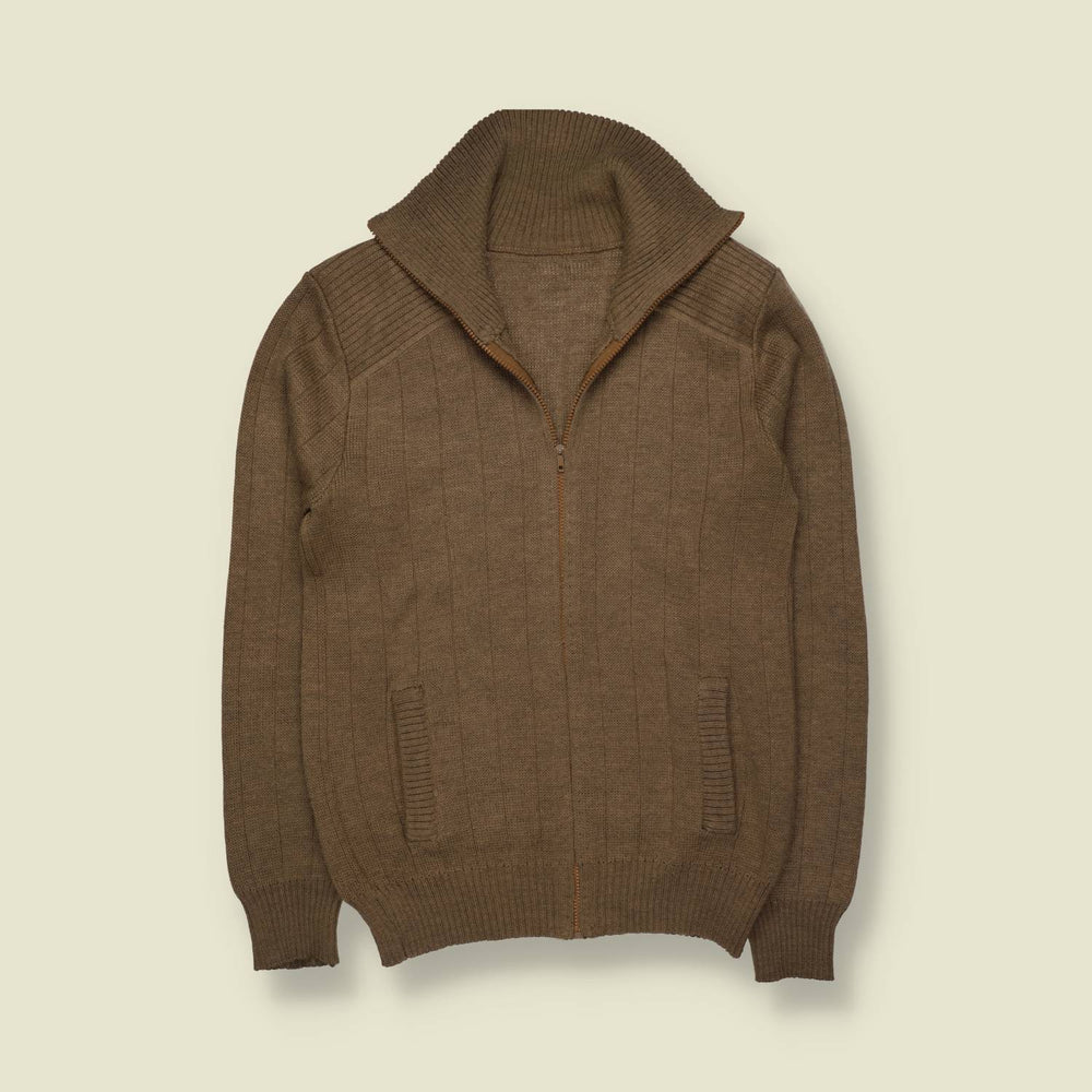 1970s | Zip-Through Ribbed Knit Jacket | Brown - S