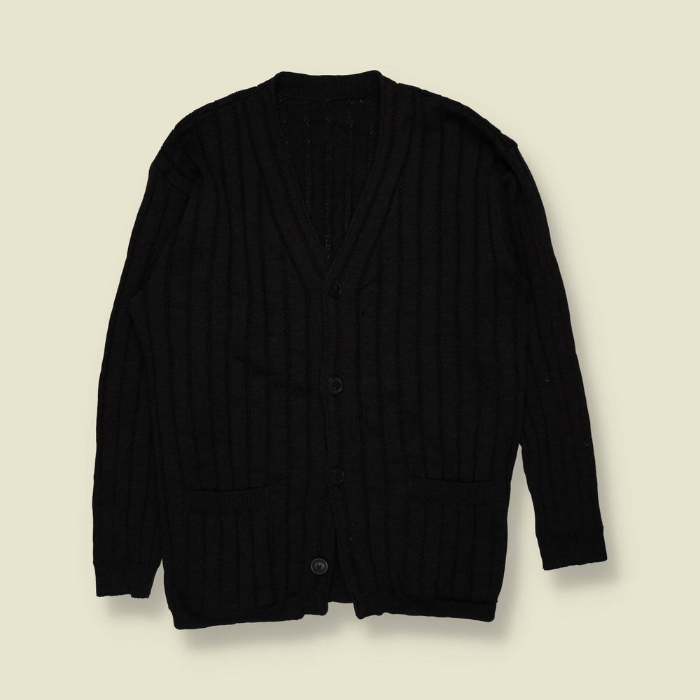 1970s | Ribbed Knit Cardigan | Dark Grey - M