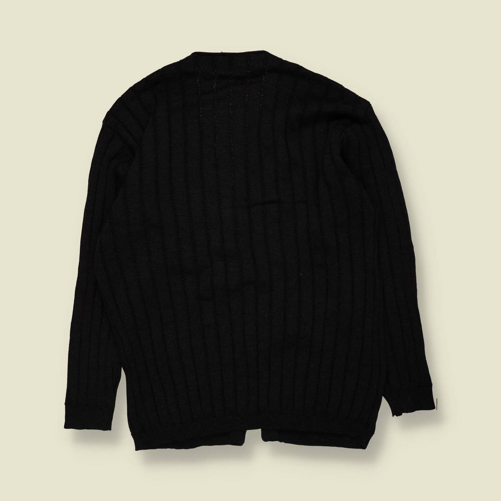 1970s | Ribbed Knit Cardigan | Dark Grey - M
