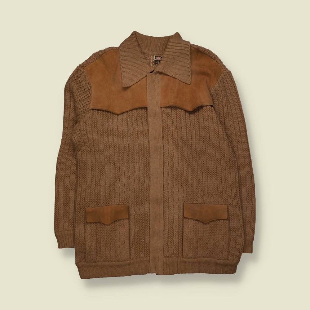 1970s | Linea Uomo | Suede Panel Ribbed Knit Jacket | Tan - L