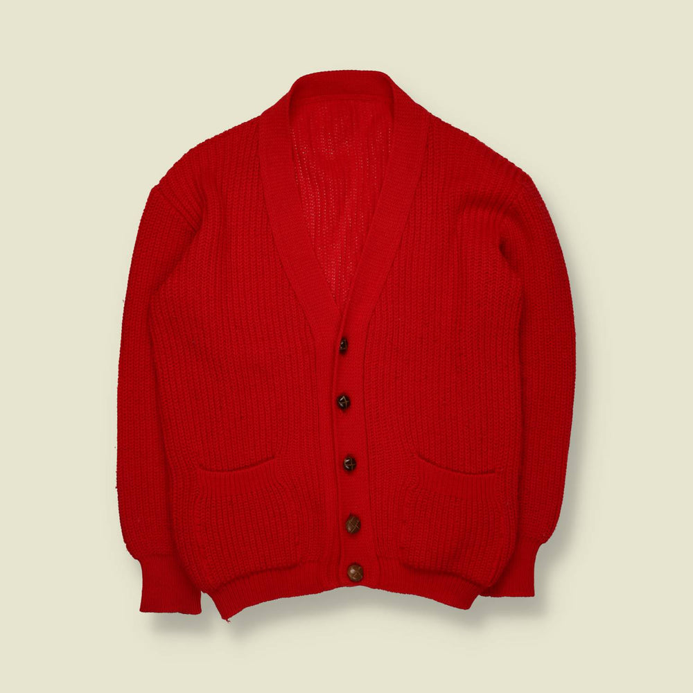 1970s | Chunky Knit Cardigan | Red - L