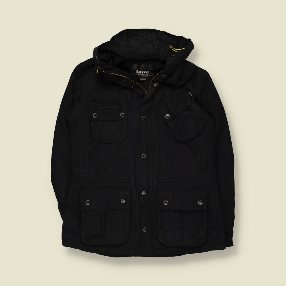 2000s | Barbour International | Black Hooded Multi-Pocket Field Jacket - M