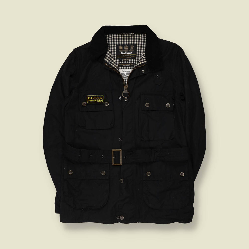 2000s | Barbour International | Black Belted Motorcycle Jacket - The Northumberland Series - L