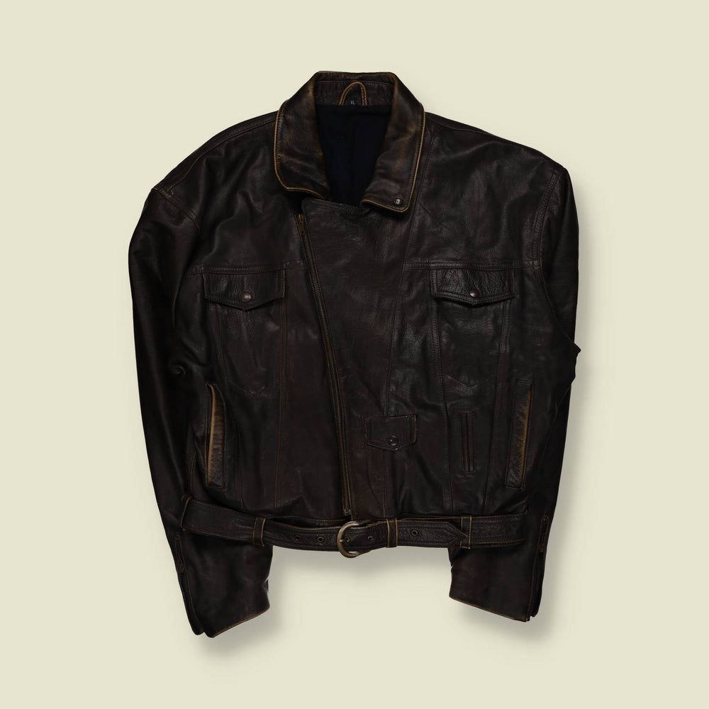 1980s | Leather Belted Biker Jacket - Dark Brown - 3XL