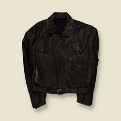 1980s | Leather Belted Biker Jacket - Dark Brown - 3XL