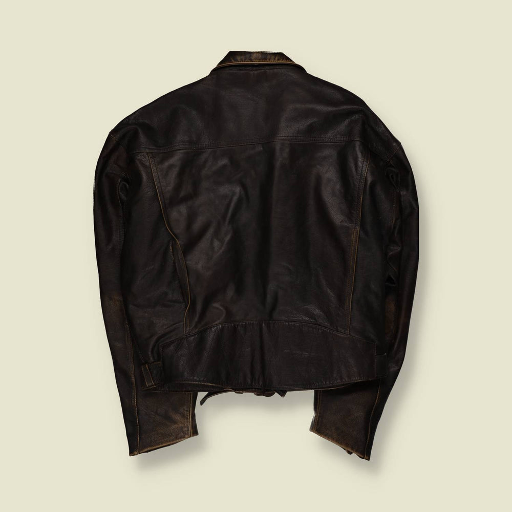 1980s | Leather Belted Biker Jacket - Dark Brown - 3XL
