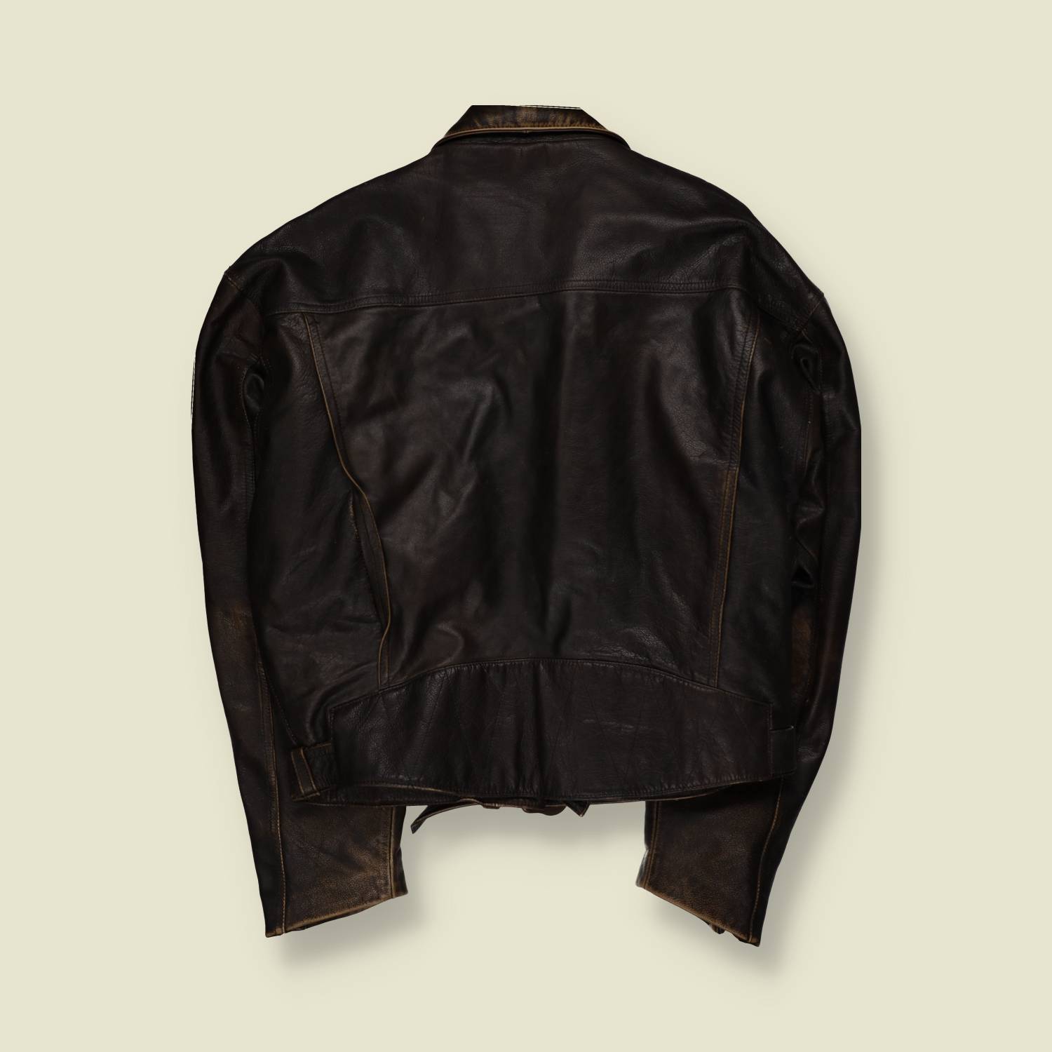 1980s | Leather Belted Biker Jacket - Dark Brown - 3XL