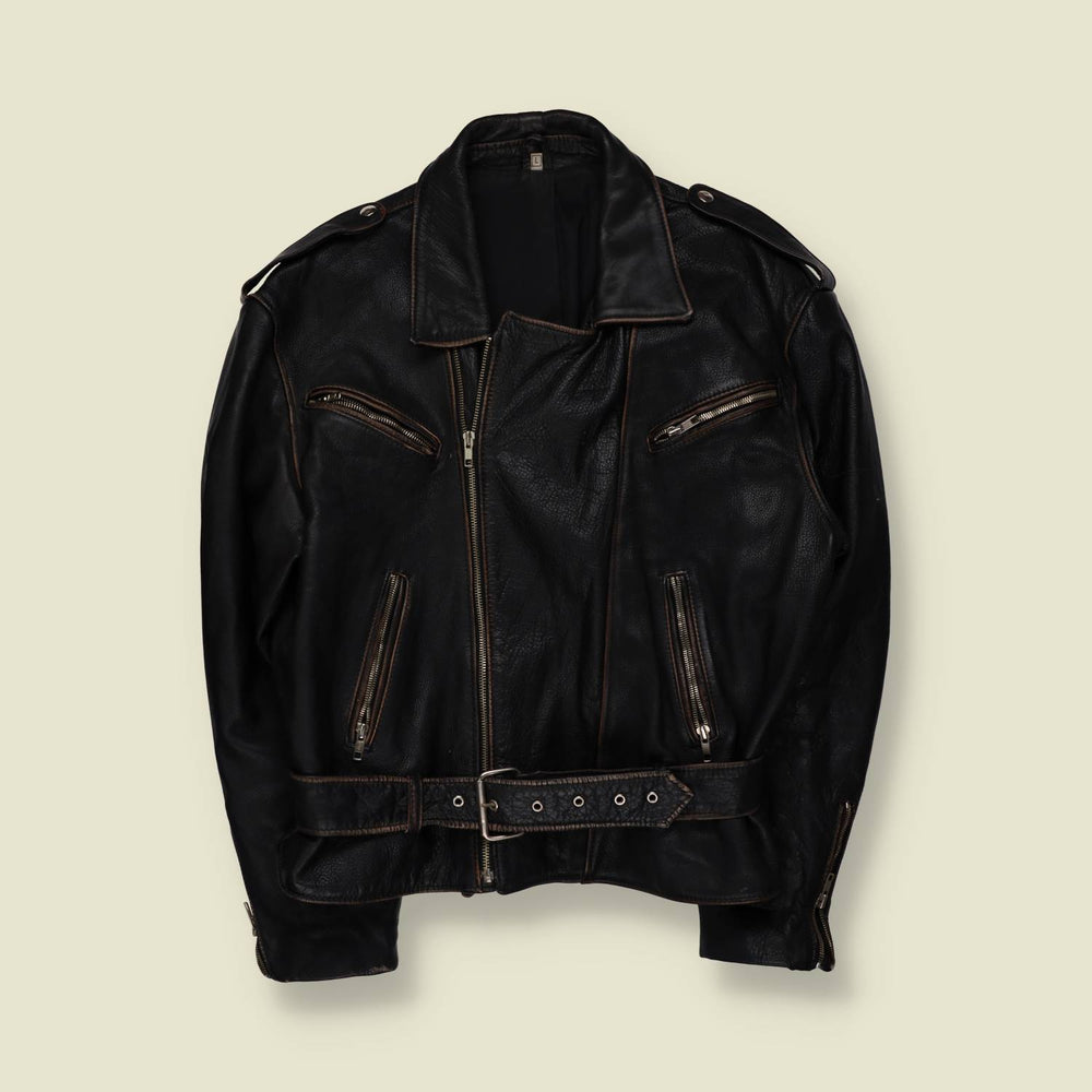 1980s | Heavyweight Leather Biker Jacket - Black - XL