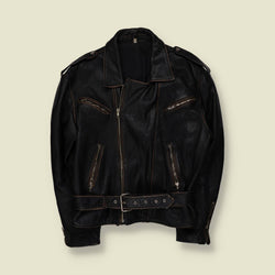 1980s | Heavyweight Leather Biker Jacket - Black - XL