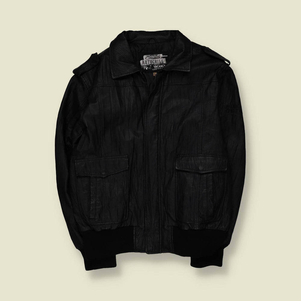1990s | Autogrill | Leather Flight Jacket - Black - XL