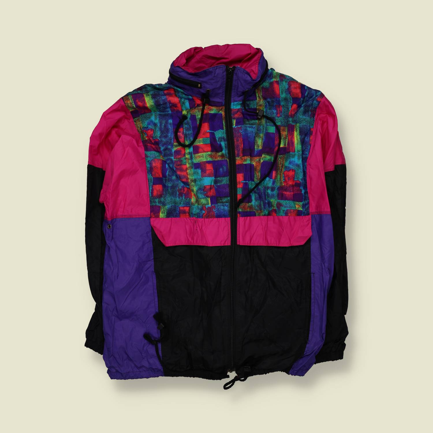 1980s | Multicolour Abstract Print Colour-Block Hooded Windbreaker Jacket - XXL