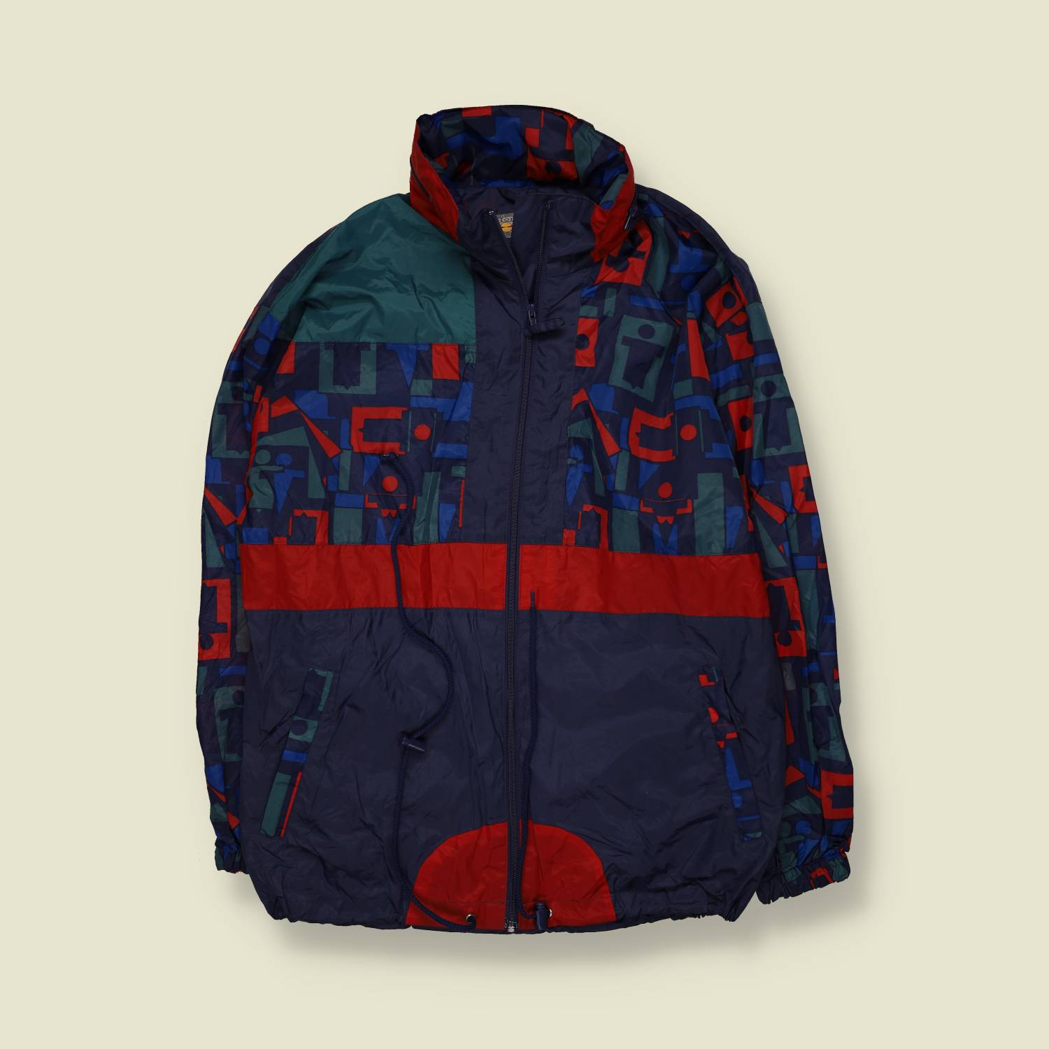 1980s | Horizonte | Navy, Red & Teal Abstract Geometric Print Hooded Windbreaker Jacket - L