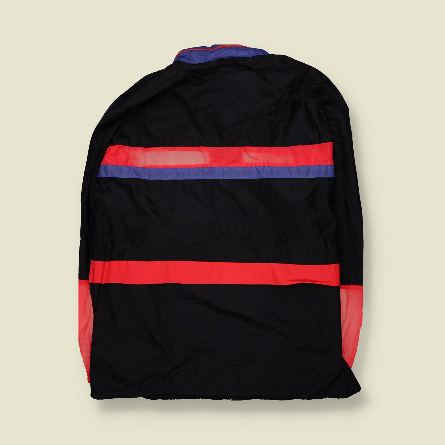 1980s | Alex Athletics | Black & Red Stripe Hooded Windbreaker Jacket with Printed Chest Panels - 4XL