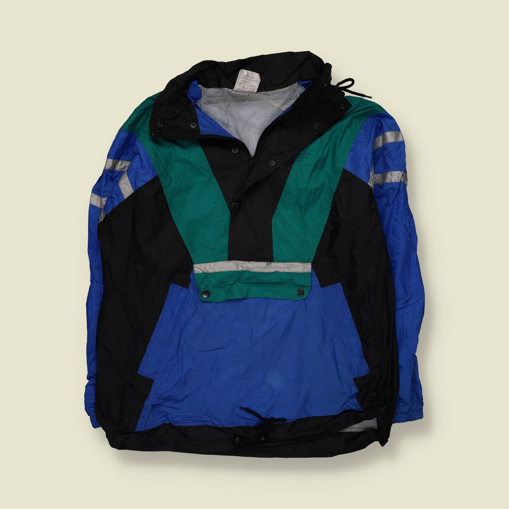 1980s | Black, Teal & Blue Colour-Block Hooded Windbreaker Jacket - 3XL