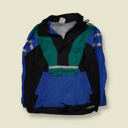 1980s | Black, Teal & Blue Colour-Block Hooded Windbreaker Jacket - 3XL