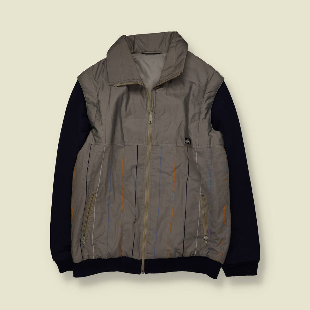 1970s | San Felice | Grey & Navy Stripe Padded Jacket with Detachable Knit Sleeves - L