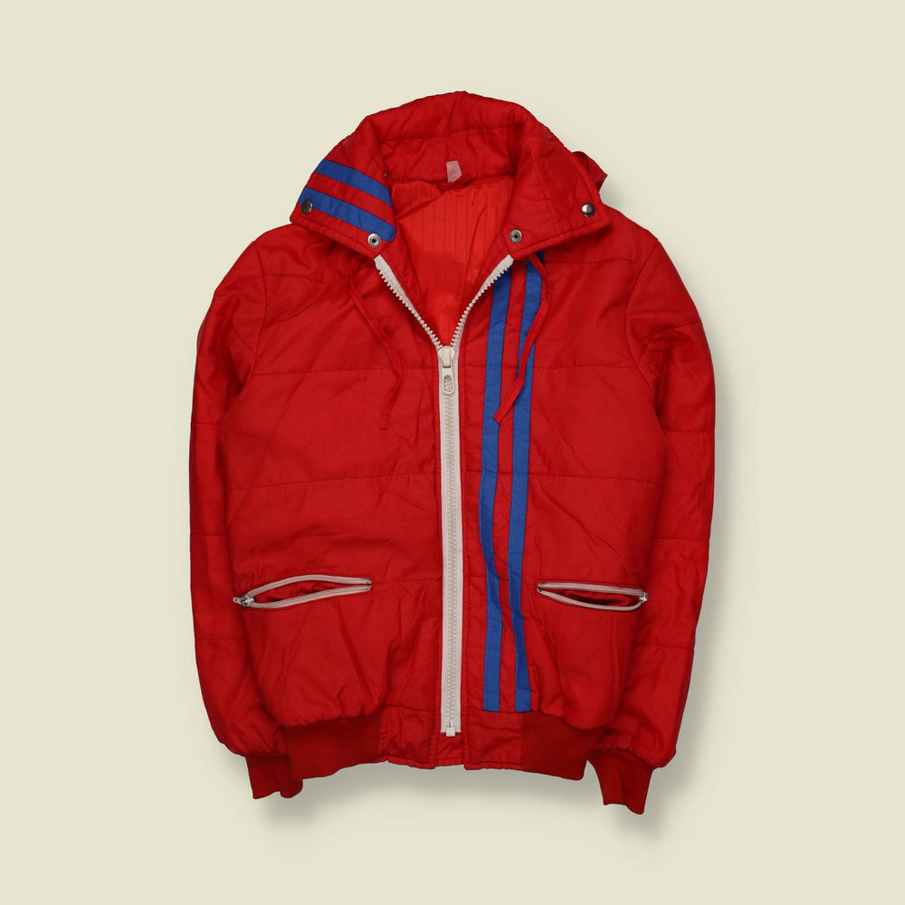 1970s | Red & Blue Stripe Hooded Padded Ski Jacket - M
