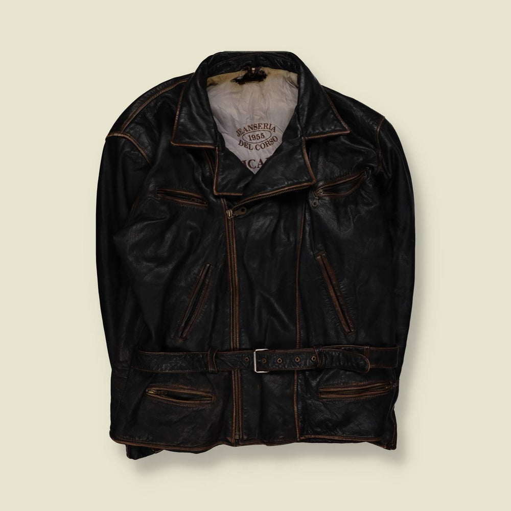 1980s | Jeanseria Del Corso | Heavyweight Leather Biker Jacket - Black - 5XL