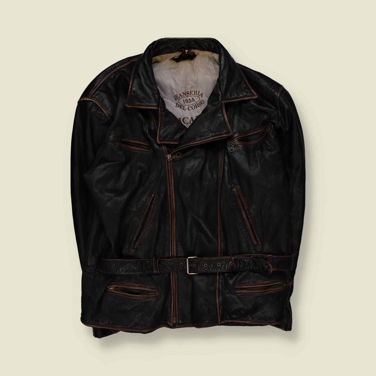 1980s | Jeanseria Del Corso | Heavyweight Leather Biker Jacket - Black - 5XL