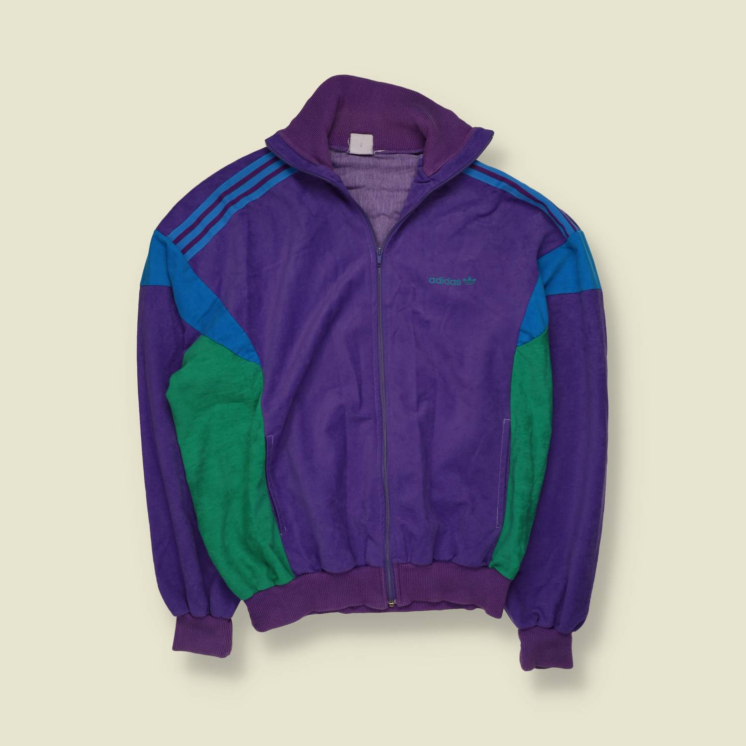 1980s | Adidas | Purple, Teal & Green Velour Colour-Block Track Jacket - L