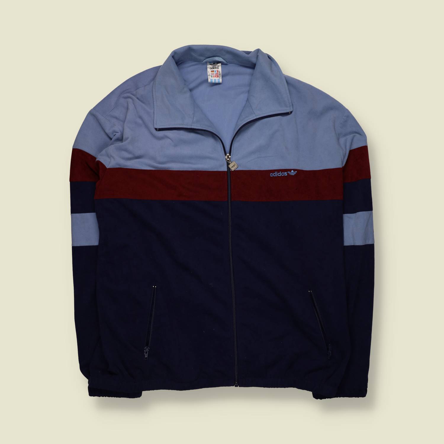 1980s | Adidas | Sky Blue, Burgundy & Navy Velour Colour-Block Track Jacket - XXL