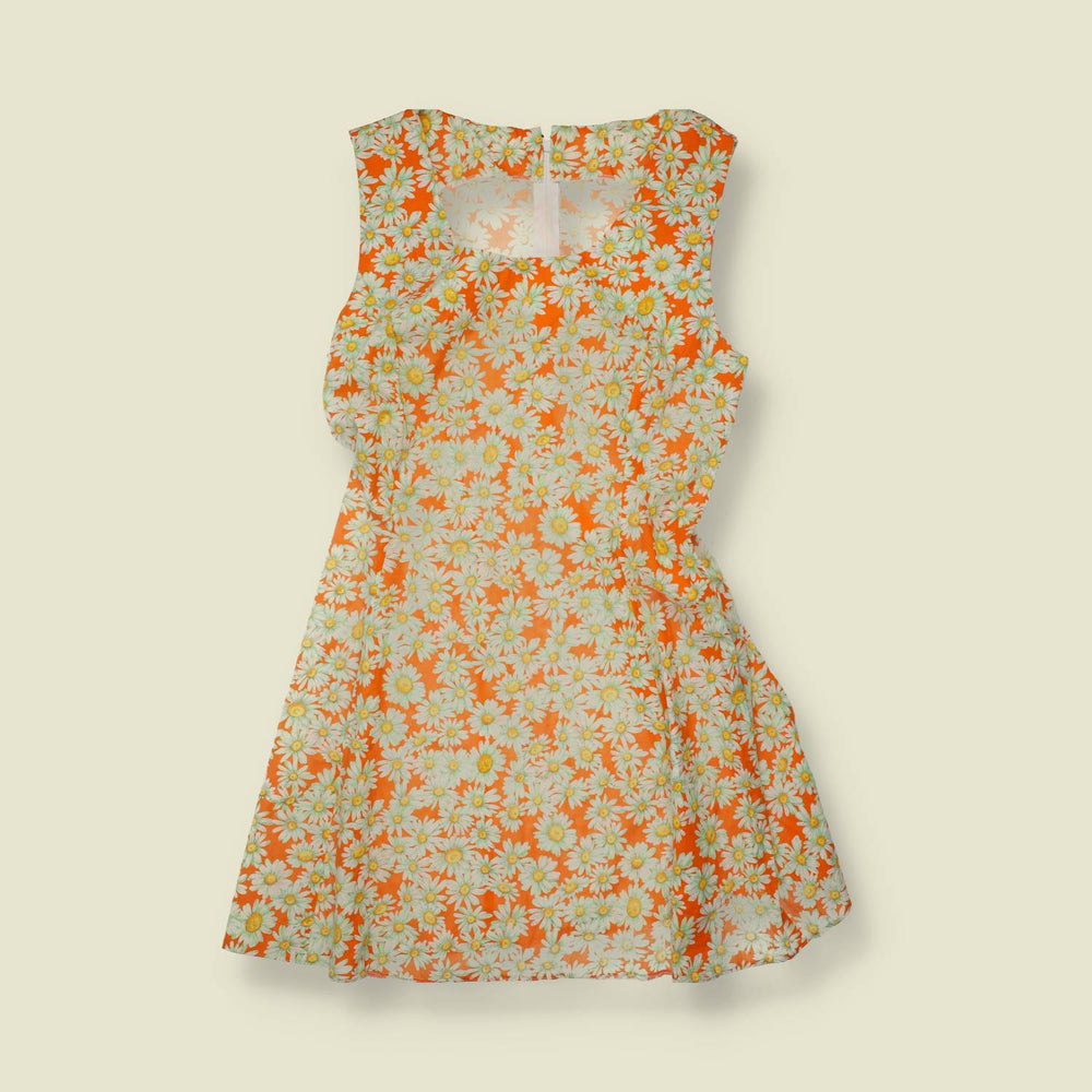 1970s | Orange Daisy Print Cotton Blend Mini Dress - 10