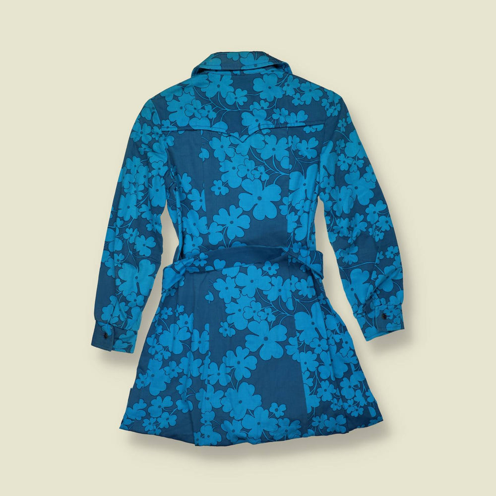 1970s | Femo Sport | Blue Floral Print Cotton Blend Shirt Dress - Deadstock - 6