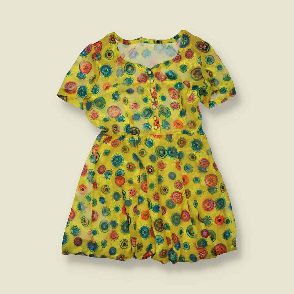 1980s | Yellow Concentric Circle Print Rayon Blend Dress - 8