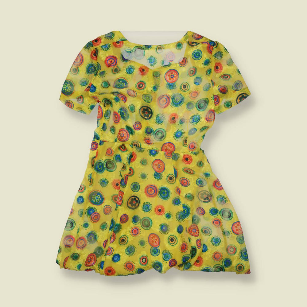 1980s | Yellow Concentric Circle Print Rayon Blend Dress - 8