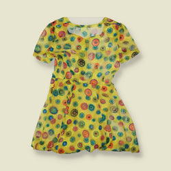 1980s | Yellow Concentric Circle Print Rayon Blend Dress - 8
