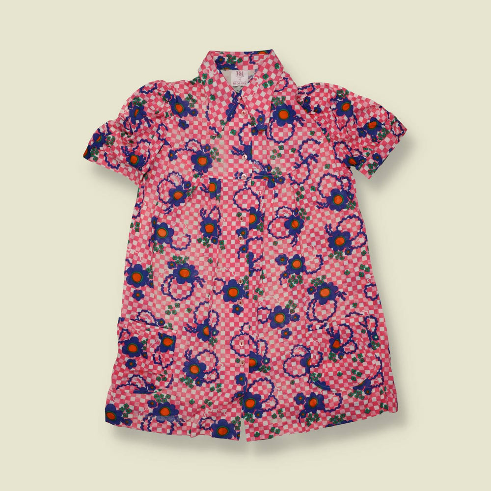 1970s | TGL Sweden | Pink Checkerboard Floral Print Vincel & Cotton Mini Dress - Deadstock -