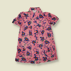 1970s | TGL Sweden | Pink Checkerboard Floral Print Vincel & Cotton Mini Dress - Deadstock -
