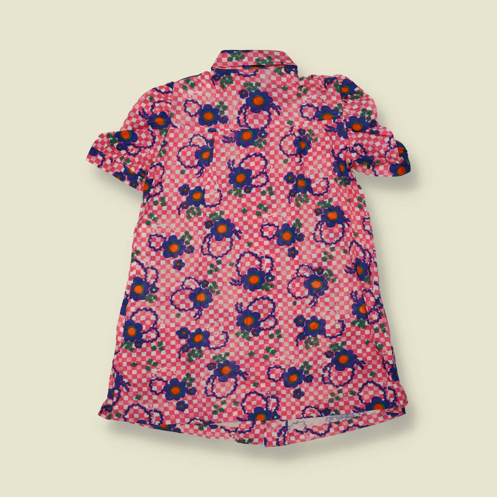 1970s | TGL Sweden | Pink Checkerboard Floral Print Vincel & Cotton Mini Dress - Deadstock -