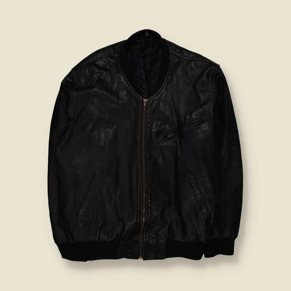 1980s | Heavyweight Leather Bomber Jacket - Black - 3XL