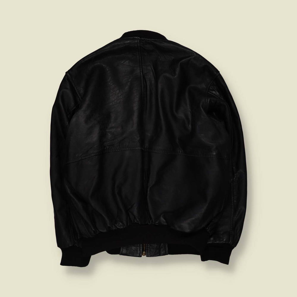 1980s | Heavyweight Leather Bomber Jacket - Black - 3XL