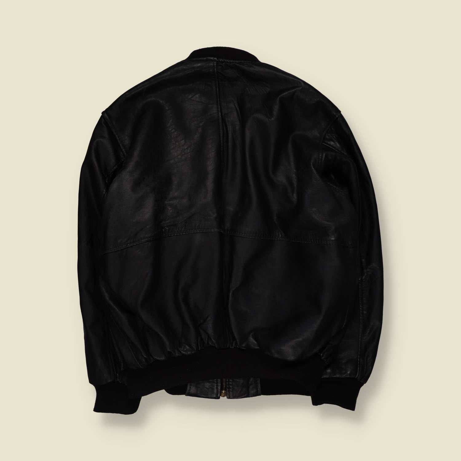 1980s | Heavyweight Leather Bomber Jacket - Black - 3XL