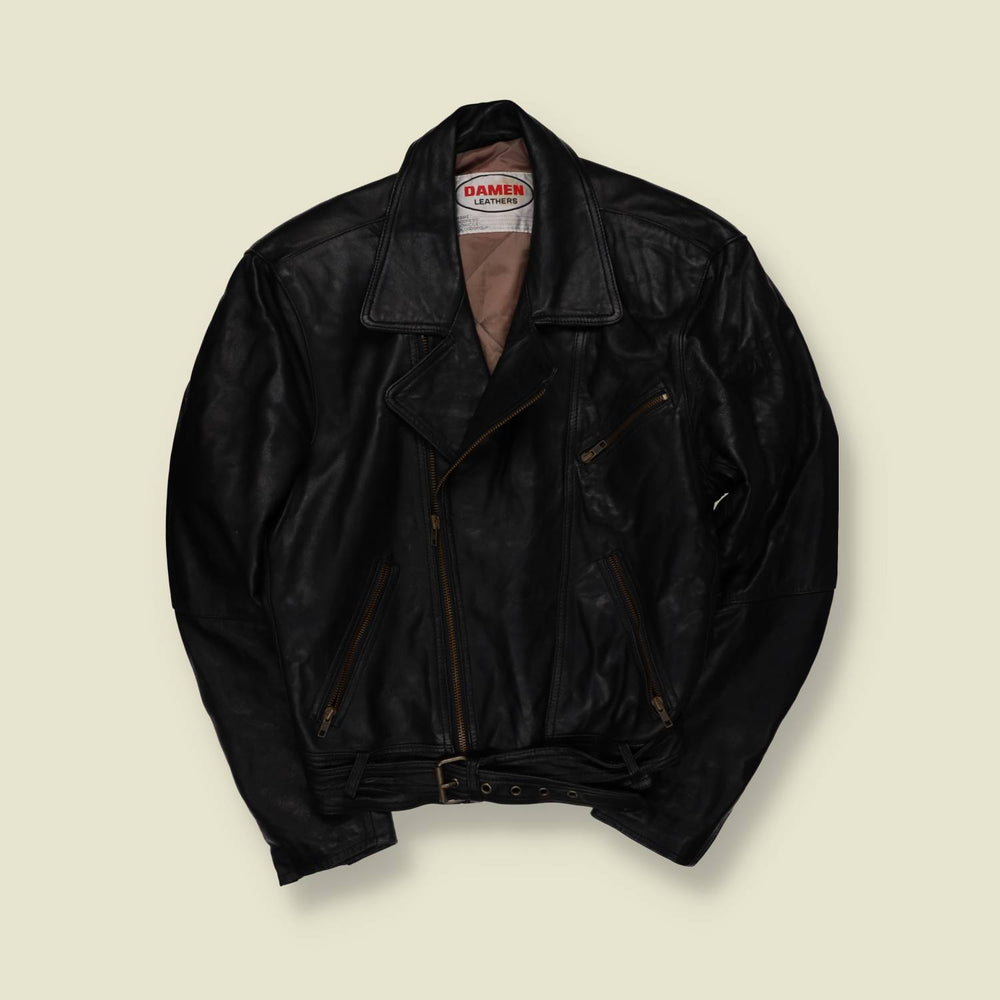 1980s | Damen Leathers | Heavyweight Leather Biker Jacket - Black - L