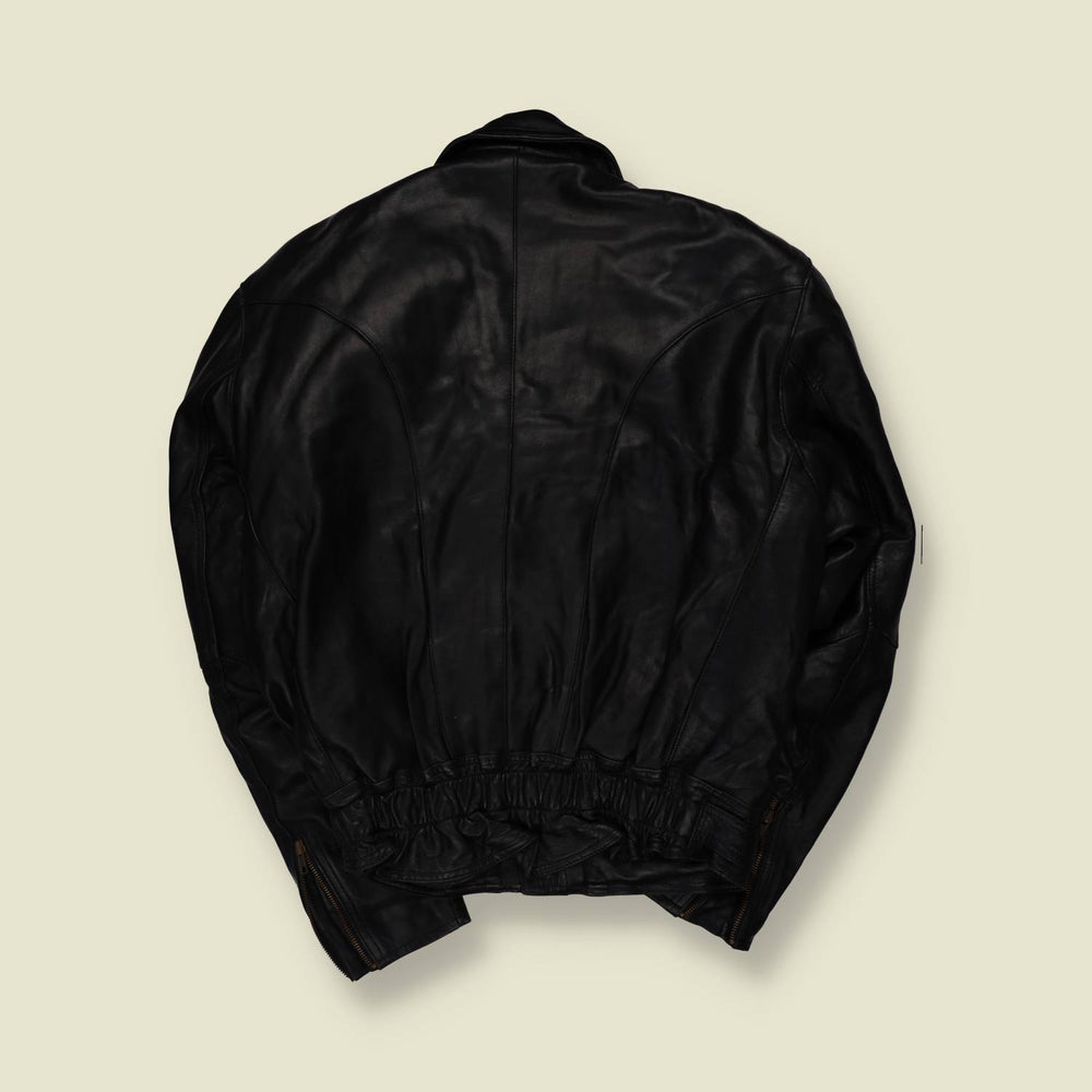 1980s | Damen Leathers | Heavyweight Leather Biker Jacket - Black - L
