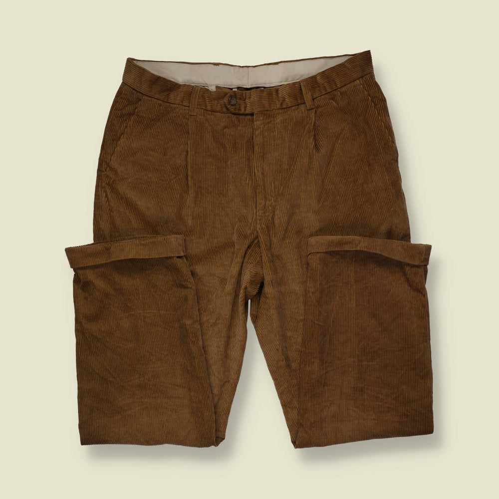 1980s | Marks & Spencer | Pleated Corduroy Trousers - Tan - w38
