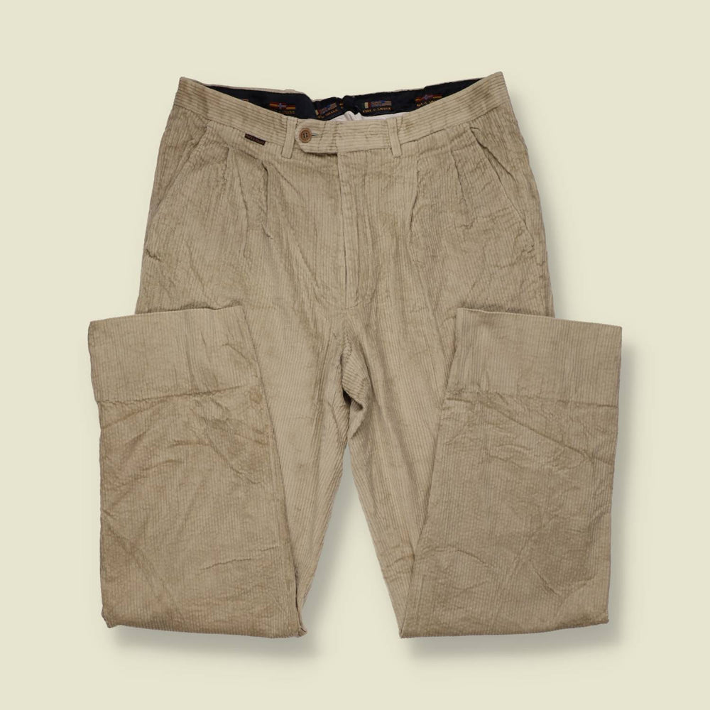 1990s | Paul & Shark | Pleated Corduroy Trousers - Stone - w34