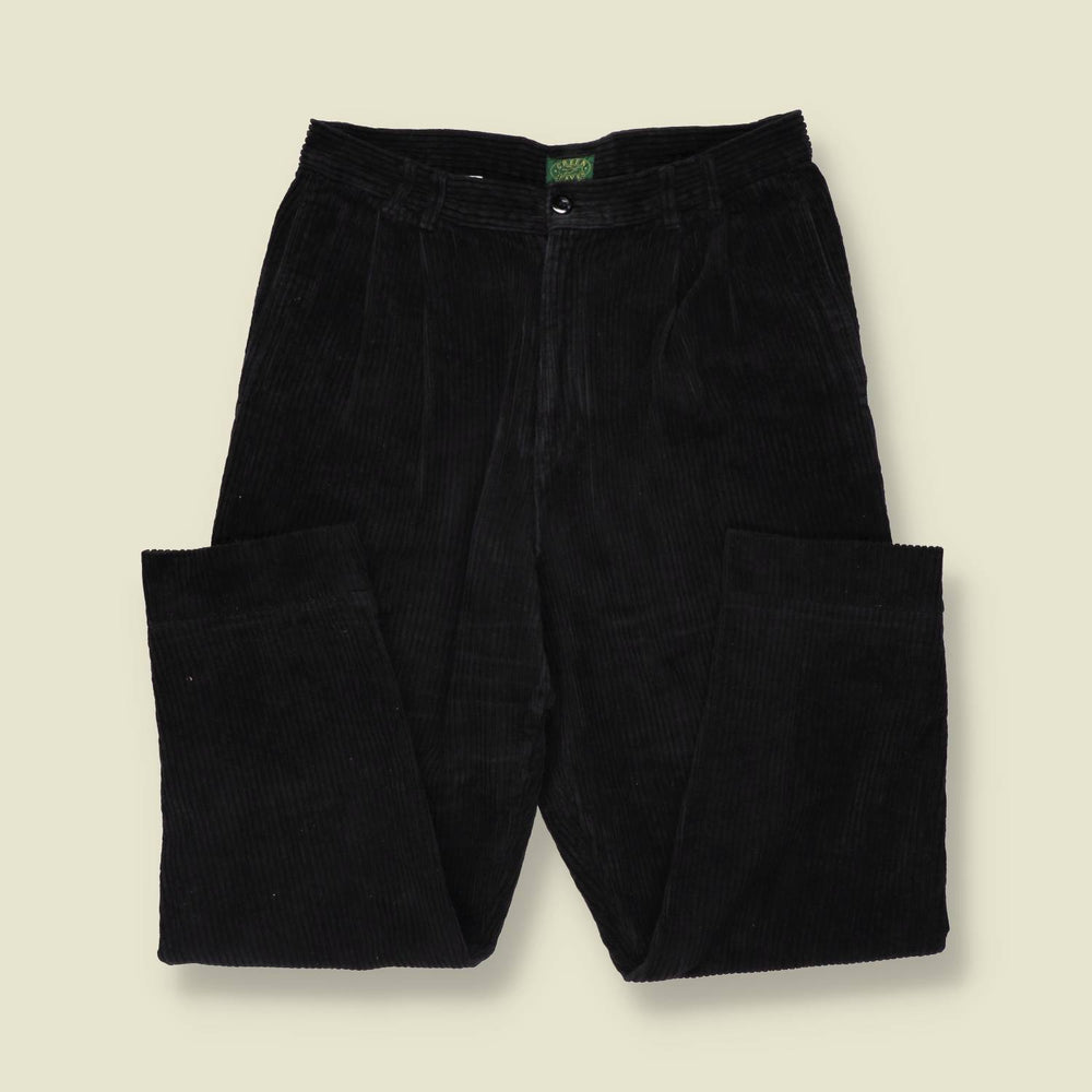 1980s | Green Leaves | Corduroy Trousers - Black - w33