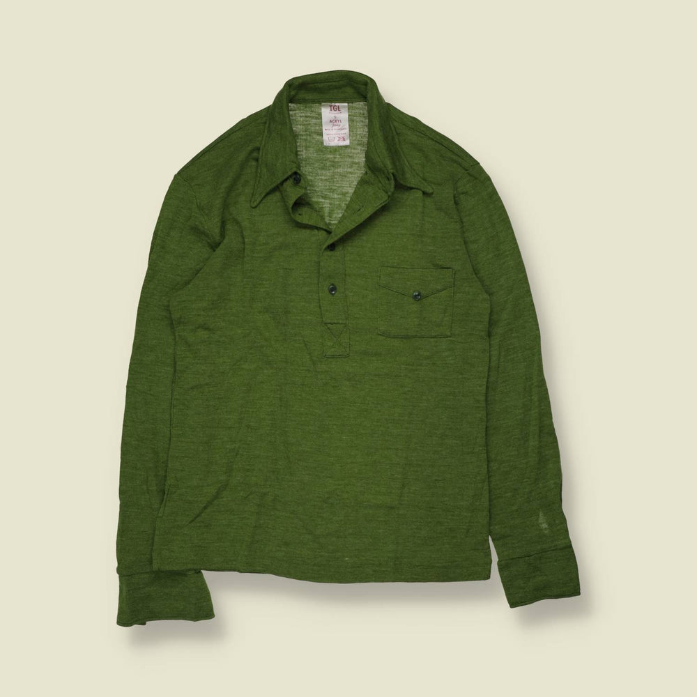 1970s | TGL | Long Sleeve Acrylic Jersey Polo | Olive Green - XXS
