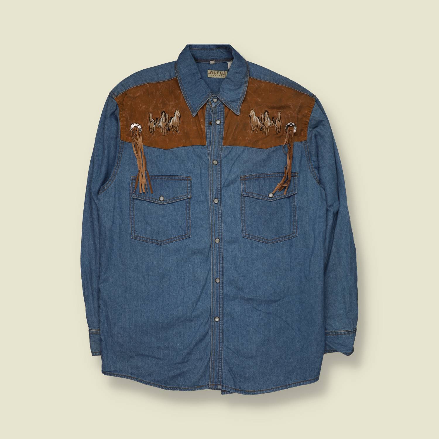 1980s | John F. Gee | Leather Yoke Fringe Denim Western Shirt - XL