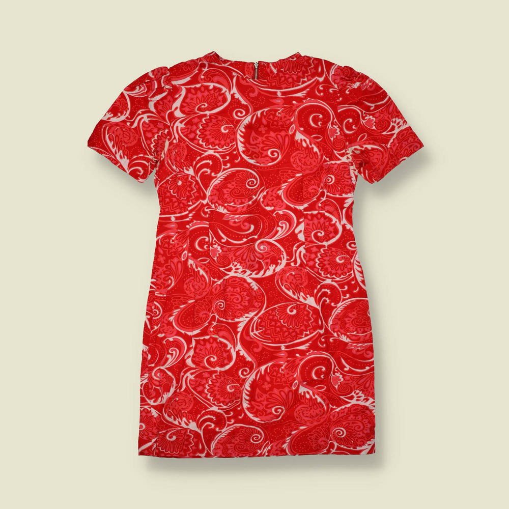 1970s | Red Paisley & Floral Print Cotton Blend Mini Dress - 8
