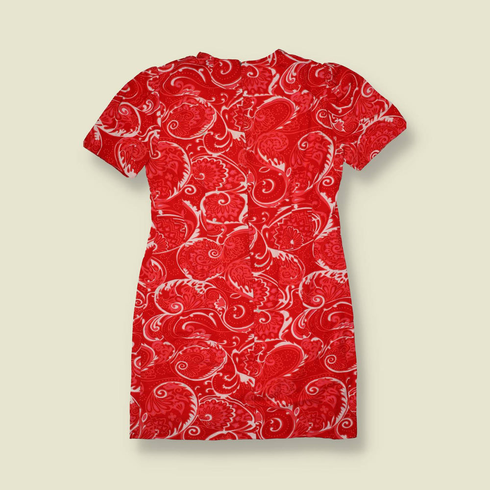 1970s | Red Paisley & Floral Print Cotton Blend Mini Dress - 8