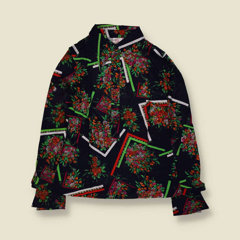 1970s | TGL Sweden | Navy Floral & Geometric Print Cotton Blouse - Deadstock - 10